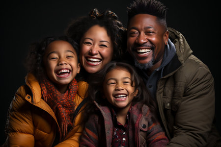 A happy mixed-race family posing for the camera. AI-generated.の素材