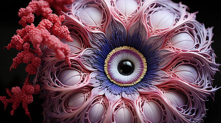 An AI generated illustration of a close-up of a menacing-looking flower with an eye in the centerの素材