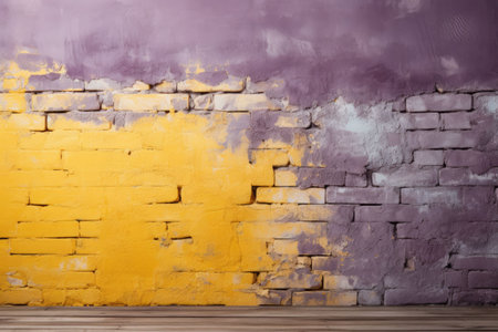 An AI generated illustration of A vibrant interior room featuring a bright yellow and purple brick wall and floorの素材