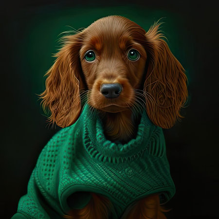 An AI generated illustration of an Irish Setter wearing a knitted sweater against a green backgroundの素材