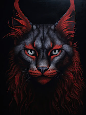 An AI generated illustration of a close up of a black cat with bright red  against a dark backgroundの素材
