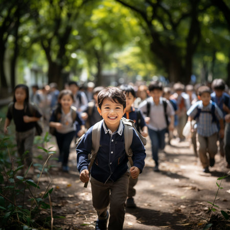 An AI generated illustration of Two young, happy boys running down a dirt pathway, enjoying their school holidaysの素材