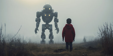 An AI generated illustration of a silhouette of a child in a foggy field facing a big robotの素材
