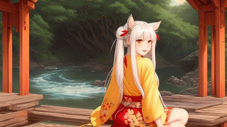 An AI generated illustration of a cute anime girl with cat ears sitting near a riverの素材
