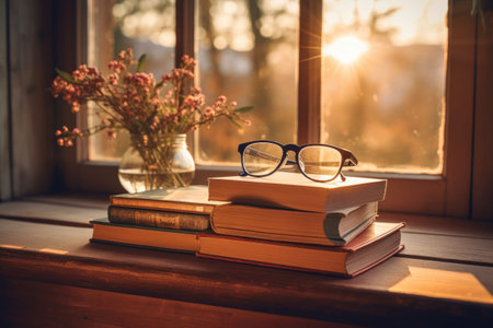 An AI generated illustration of books displayed near a window, with glassesの素材