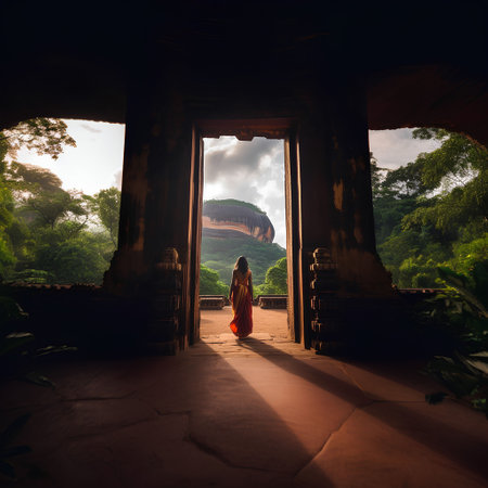 An Indian woman leaving a temple surrounded by lush greenery. AI-generated.の素材