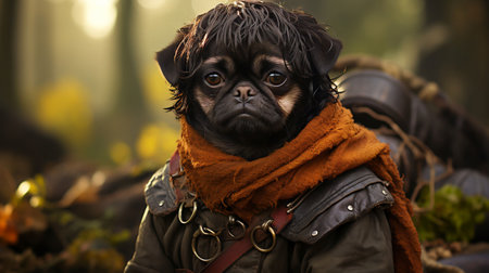 An AI generated illustration of a small canine wearing a military-style uniform looking with its sad eyesの素材