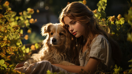 An AI generated illustration of a beautiful girl hugging a golden retriever in a green fieldの素材