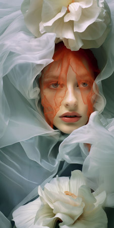 An AI-generated illustration of a young woman wearing a floral headpieceの素材