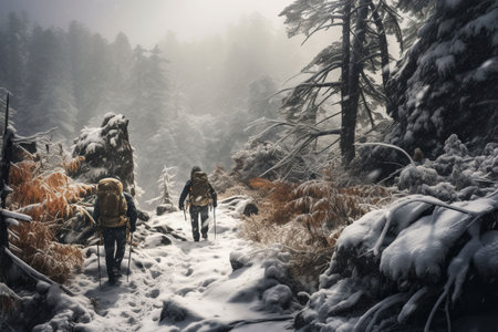 An AI generated illustration of young hikers wearing backpacks trekking through a wintery forestの素材