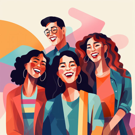 An AI generated illustration of a cheerful group of friends gathered together, smiling and laughingの素材