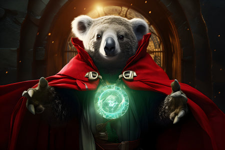 An AI generated illustration of A cheerful koala bear wearing a red cape stands with their arms outstretched, a welcoming expression on their faceの素材