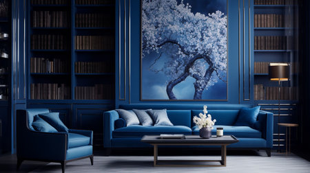 An AI generated illustration of a modern living room interior in blue colorsの素材