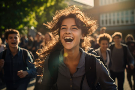 An AI generated illustration of Students excitedly rushing to the school building as the first bell rings. Ai-generated artの素材