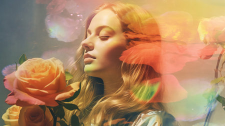 An AI generated illustration of a young woman enjoying the moment with her eyes closed, surrounded by a rose petal reflectionの素材