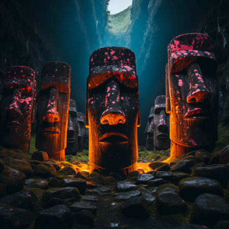 An AI generated group of carved stone figures stands in a rocky areaの素材