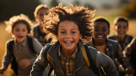 An AI generated illustration of a pupil happily posing with other children on the background - back to schoolの素材