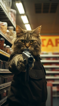 An AI generated illustration of a cat holding a gun in a grocery store aisleの素材