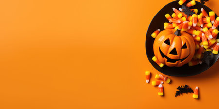 An AI generated illustration of a ripe orange Halloween pumpkin with candies on an orange backgroundの素材
