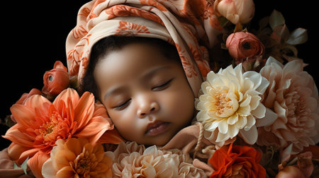 An AI generated illustration of an African baby wrapped in a blanket in orange flowersの素材