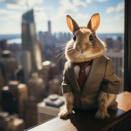 An AI generated illustration of A white rabbit wearing a blue business suit is perched on a wooden deskの素材