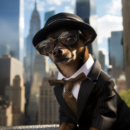 An AI generated illustration of a dog wearing a formal black suit, a tie and glasses on an urban backdropの素材