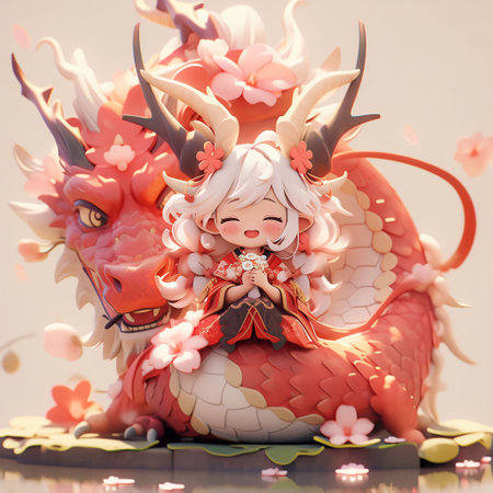 An AI generated illustration of a japanese cartoon style girl on a mythical dragonの素材