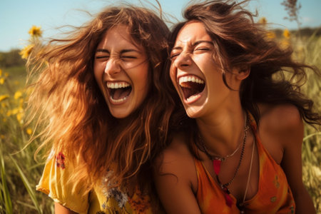 The two female friends enjoying a sunny day in a meadow of yellow wildflowers, AI-generated.の素材