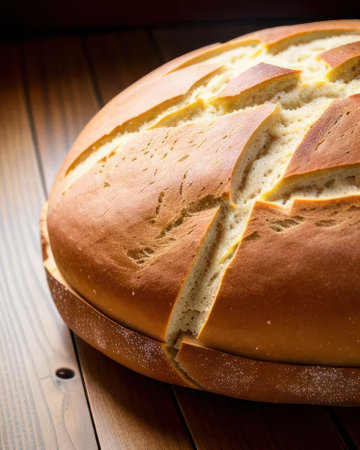 An AI-generated illustration of a freshly-baked loaf of white bread on a wooden surfaceの素材