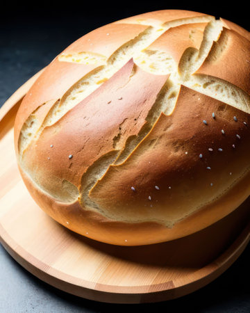 An AI-generated illustration of a circular loaf of bread on a wooden plateの素材