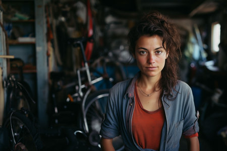 An AI generated illustration of A smiling woman standing in the garageの素材