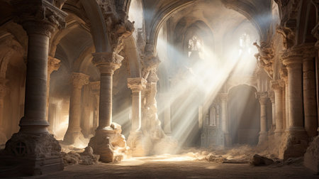 An AI generated illustration of a sunbeam illuminating an ancient cathedral interior with columnsの素材