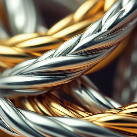 An AI-generated illustration of A collection of yellow and silver cables displayed in a neat and orderly fashionの素材