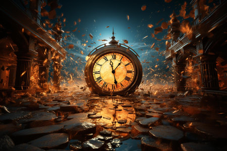 An AI generated illustration of a burning clock laying on the ground emitting a plume of smokeの素材