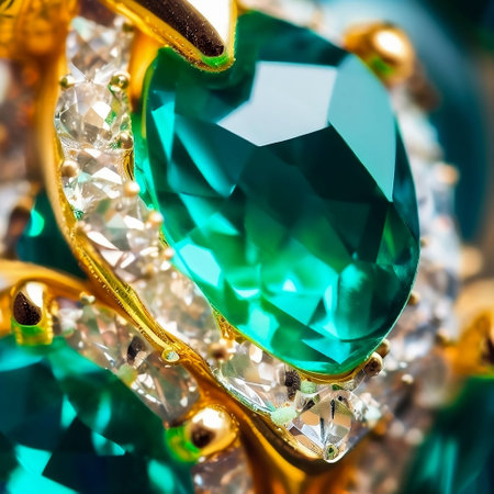 An AI generated illustration of A luxurious emerald-colored ring with a stunning diamond detail on top, set in a stylish gold bandの素材