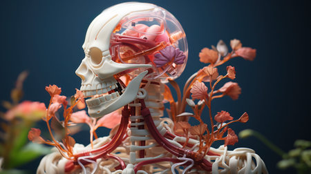 An AI generated illustration of a human skull surrounded by plants and bonesの素材