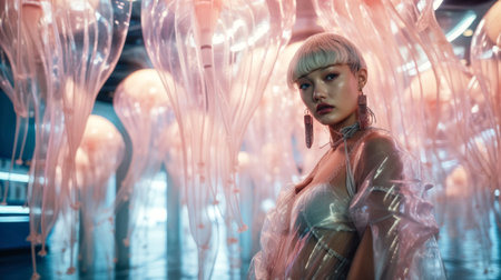 An AI generated illustration of a beautiful Asian female on a background of jellyfishの素材