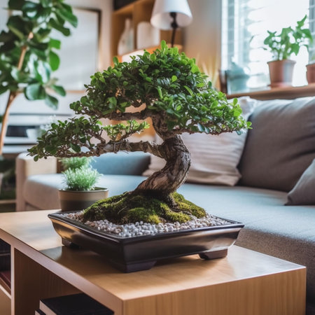 An AI generated illustration of A  lush green plant on the wooden surface with a blurry backgroundの素材