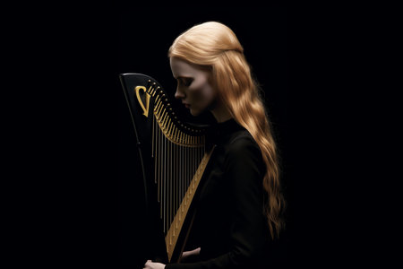 An AI generated illustration of A young woman stands confidently with a golden harp draped over her right shoulderの素材