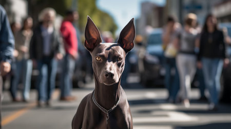 An AI generated illustration of a Xoloitzcuintle on the streetの素材