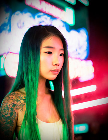 An AI generated illustration of A portrait of an Asian woman with long green  hairの素材