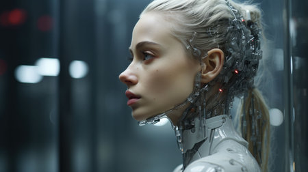 An attractive young woman wearing a modern, cutting-edge cybernetic costume, Ai-generatedの素材