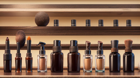 An AI generated illustration of a collection of skin care products on displayの素材