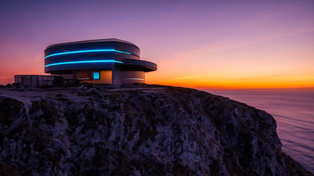 An AI generated illustration of An exterior shot of a tall structure silhouetted against a vibrant orange sky as the sun sets behind a cliffの素材