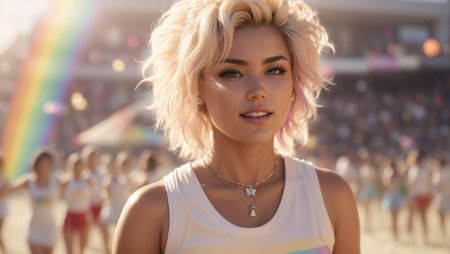 An AI generated illustration of a stunning blond-haired lgbtqia plus woman enjoying the sun and sand at a beachの素材