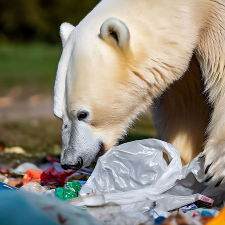 An AI generated illustration of A polar bear stands in a field of litter, curiously sniffing a discarded plastic garbage bagの素材
