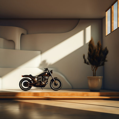 An AI generated illustration of a classic motorcycle, parked in a modern white room with a wooden floorの素材