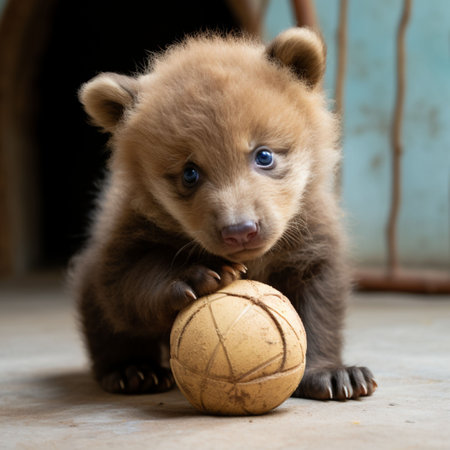 An AI generated illustration of A cute brown bear cub playing with a bright yellow ball on a grassy green field, surrounded by trees and a blue skyの素材