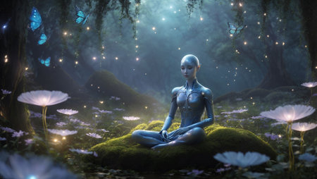 An AI generated illustration of an extraterrestrial being in deep contemplation in a lush forestの素材