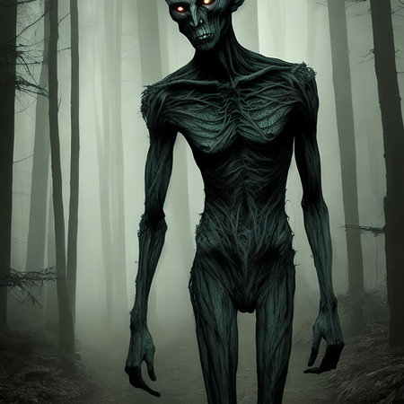 An AI generated illustration of a monster in a nighttime forest, illuminated by its glowing yellow eyesの素材